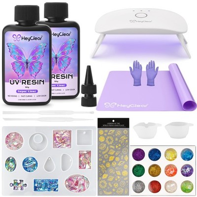 HeyClear UV Resin Kit 200g with UV Light, Molds and Casting Tools -Super Clear