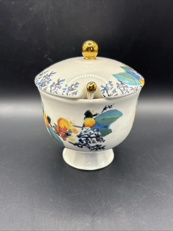 Anthropologie Botanica azucarero floral cuchara con tapa gres pintado a mano Foto 3 de 4