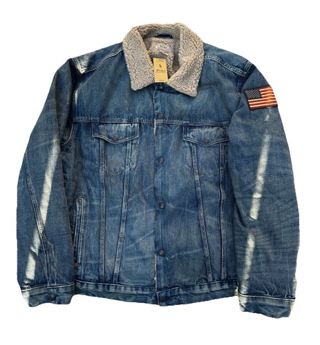 Polo Ralph Lauren Trucker Jacket Denim Sherpa Lined American Flag Mens Size 4XLT