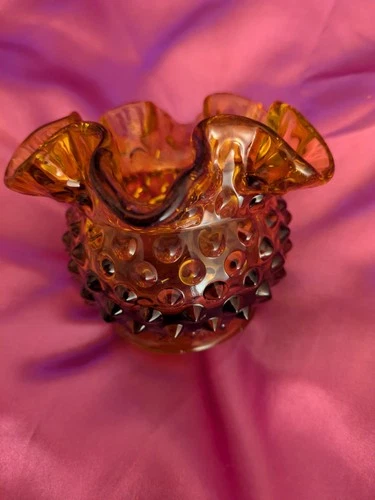 Vintage Fenton Glass Amber Hobnail Ruffled Crimped Edge 3" Vase Rose Bowl