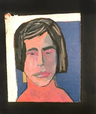 Original Portrait Painting Expressive Naive Pink Blue Outsider Art Miz Katie