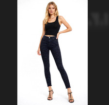 Zara Zebra Print Skinny Jeans 6 High Rise Raw Hem Blue Black Stretch Dark Wash