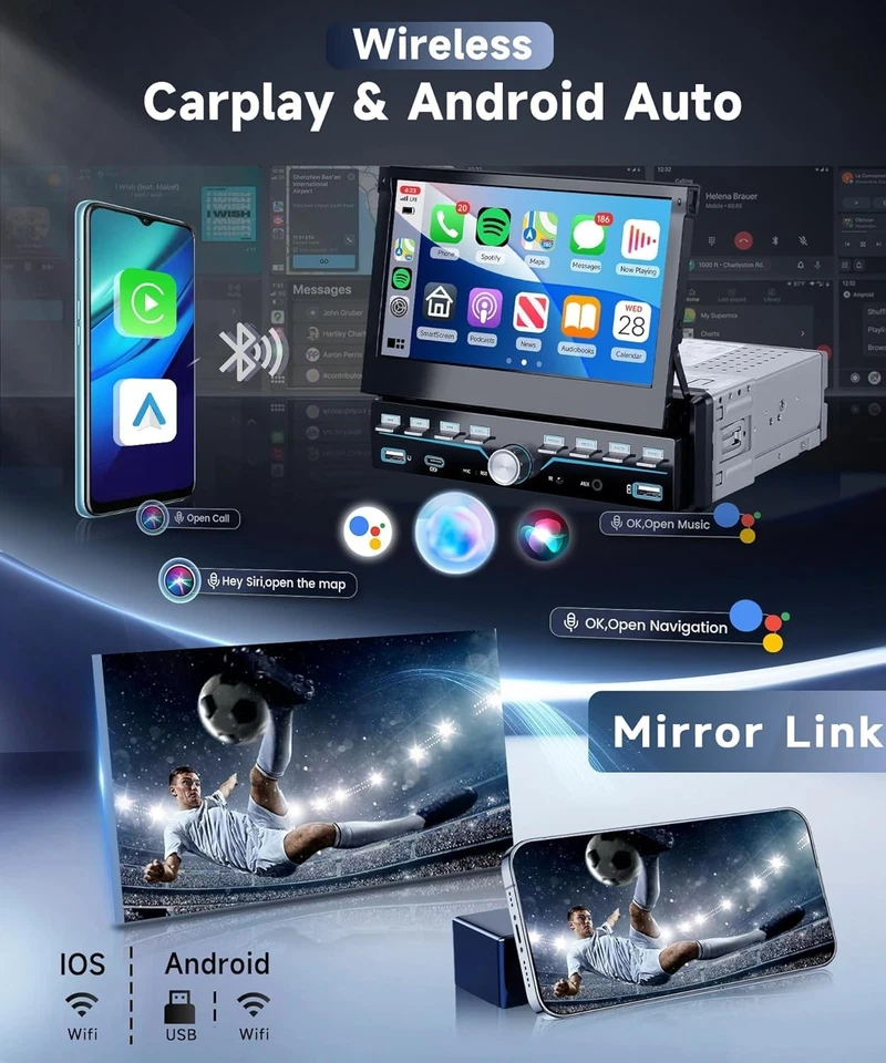 CARPLAY AUTORADIO 1 Din 7" AUTO-RETRACTABLE CAM RECUL CONTROL VOLANT [100% NEUF] - Photo 2/4