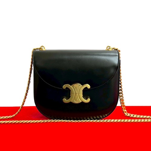 Celine Teen Chain Besace Calf Leather Shoulder Bag Women Black One Size