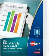 Avery Print & Apply Clear Label Sheet Protector Dividers, 8 White Tabs