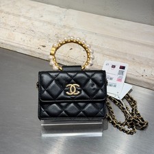 Chanel Black Quilted Lambskin Pearl Crown Clutch Card Holder On Chain
