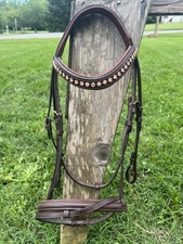 Leaders Leather Bridle, Dressage Bridle With flash - Horse Size -Brown/Rose