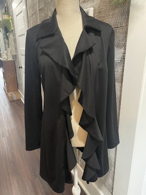 Cable Gauge Open Cardigan Sweater Black Women’s Size Scallop Trim 