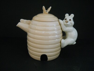 Barney Bee Ceramic Bee Hive Tea Pot with Bear Handle and Bee on top of lid