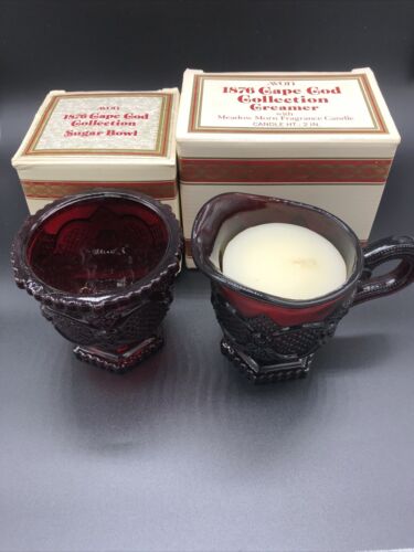 Vtg Avon 1876 Cape Cod Collection Ruby Red Glass Sugar Bowl and Creamer NIB