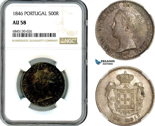 AI508, Portugal, Maria II, 500 Reis 1846, Lisbon Mint, Silver, NGC AU58