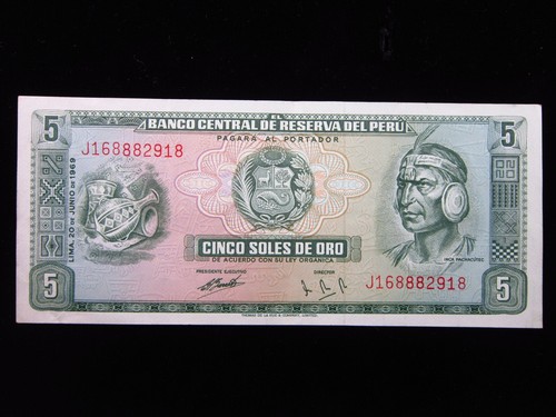 Peru 5 Soles de Oro 1969 unc Inca Pachacutec Banco Central Reserva Geld h2918 - Bild 2 von 3