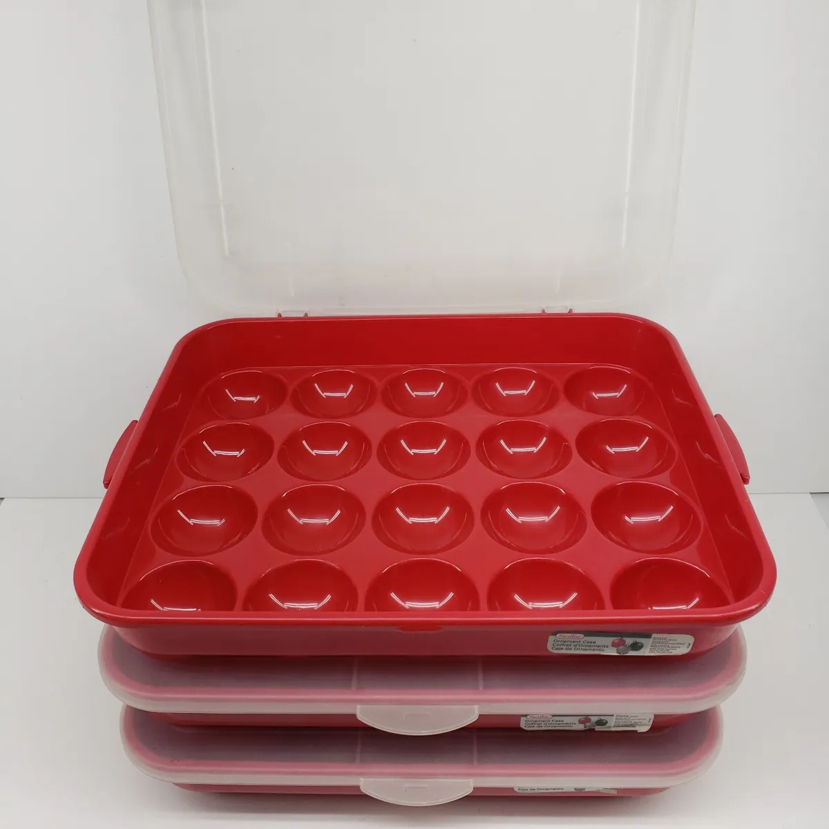 Sterilite Christmas 20-Ornament Storage Container Red Plastic Stackable LOT  x3