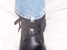 CLIPS 4 BIKERS..MOTORCYCLE RIDER BOOT LACE, PANT CLAMPS (instead of stirrups)