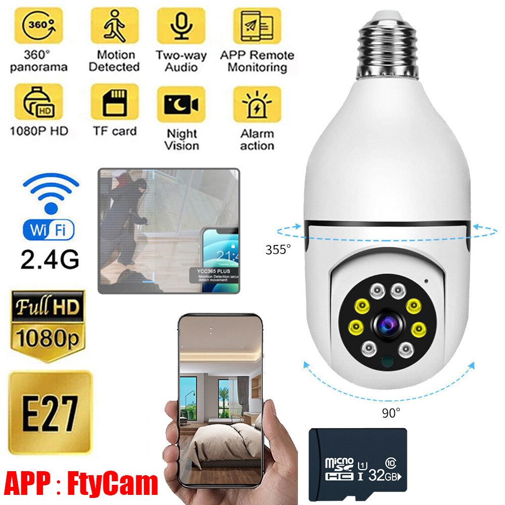 360° 1080P E27 Light Bulb Camera Wi-Fi IR Night Smart Home w/ 32GB Memory Card