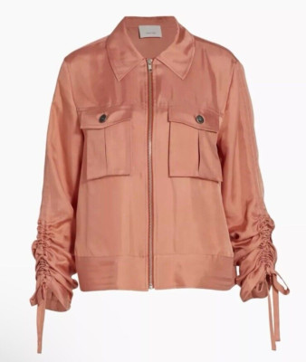 Cinq à Sept Dale Ruched Sleeve Jacket Satin Cupro Apricot Size 2, NEW MSRP $395