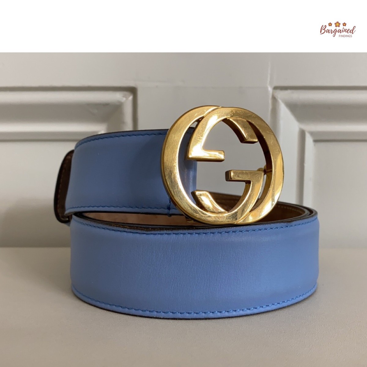 Authentic Gucci Blue Calfskin Leather Gold Interlocking G Buckle
