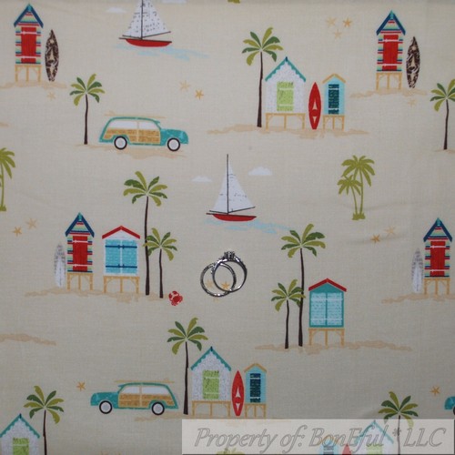 BonEful Fabric Cotton Quilt Sand House Bike Surf Board Palm Tree Ocean FL SCRAP - Picture 12 of 13