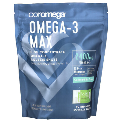 Omega-3 Max Plus Vitamin D3, High Concentrate, Coconut Bliss, 90 Single Serve