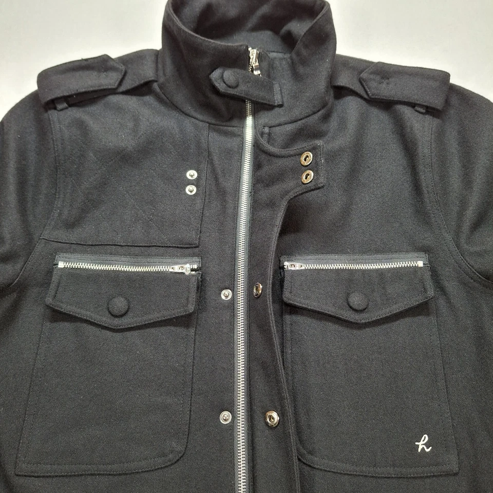 Holden Wool Blend Coat Men Large Black Military Pea Coat Pockets Epaulettes - Image 3 of 4