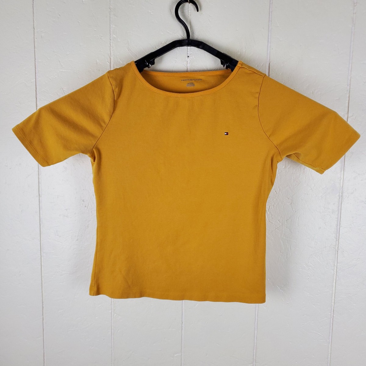 Tommy Hilfiger Shirt Womens Extra Large Yellow Logo Boat Neck Short Sleeve