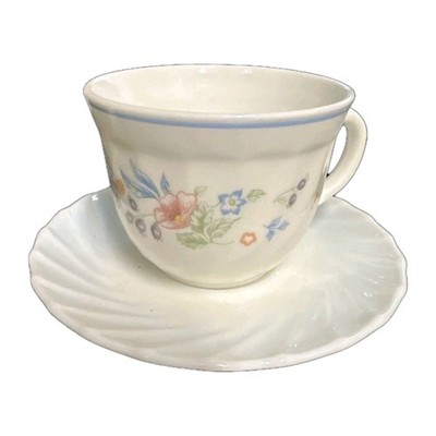 Arcopal VICTORIA Coffee Tea Cup Saucer France Floral Blue Rim Swirl Milk Glass