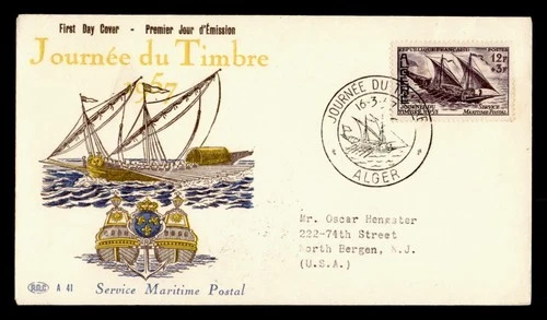 DR WHO 1957 FRENCH ALGERIA FDC STAMP DAY SHIP SEMI POST PAC CACHET M78133