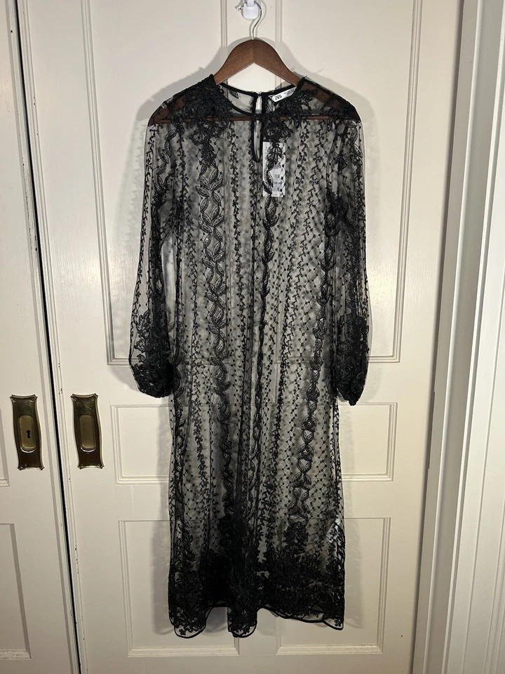 Zara Sheer Mesh Embroidered Sequined Boho Dress Womens Size Small Black NWT - Image 2 of 4