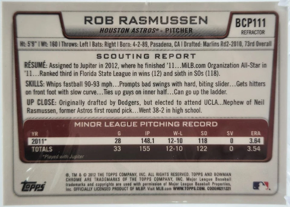 2012 Bowman Chrome Rob Rasmussen Houston Astros #BCP111 - Image 2 of 2