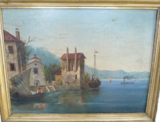 DIPINTO ANTICO BRESCIA LAGO DI GARDA O LAGO DI ISEO PAESAGGIO 1800 IDEA ARREDO