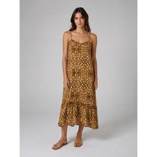 BTFBM Women's Boho Printed Ruffle Hem Midi Dress Camel White Spaghetti Strap S