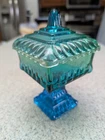 Vintage Jeanette Glass Blue and Green Ombre Lidded Wedding Candy Bowl with Lid