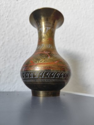 Vintage Indian Etched Brass Vase - Hand Engraved Floral & Peacock Design