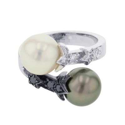 Chanel Comet Twin Pearl Ring Größe 52 / #12 18K Weißgold