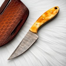 Handmade Cowboy Skinner Knife – 4" Damascus Steel Blade, 4" Bone Handle &#