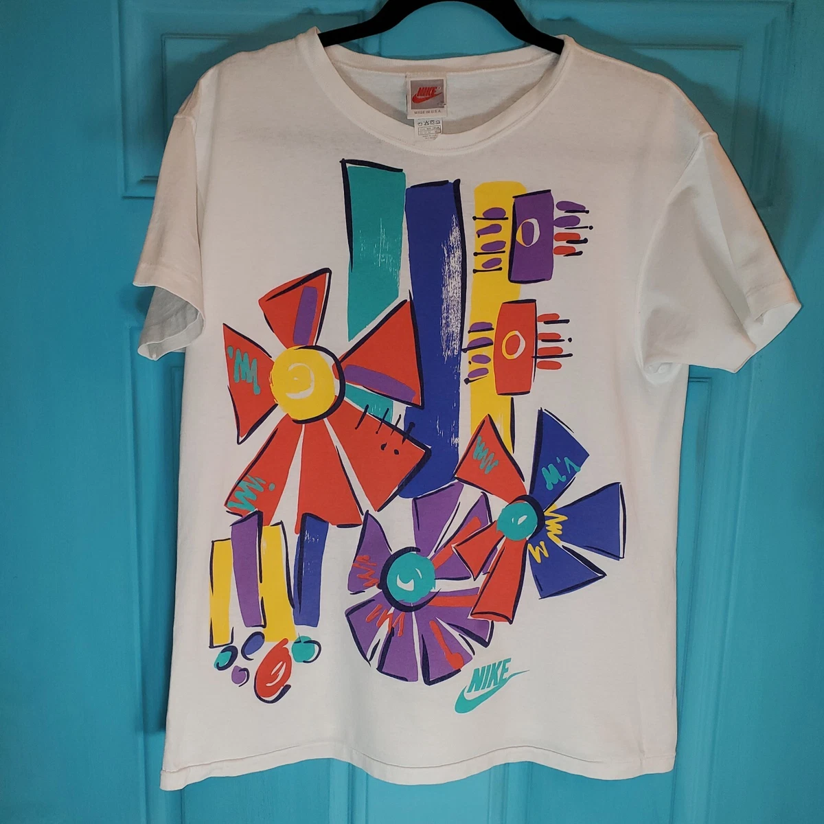 Rare Vintage NIKE Spell Out Swoosh Abstract Flowers Art T Shirt 80s 90s White