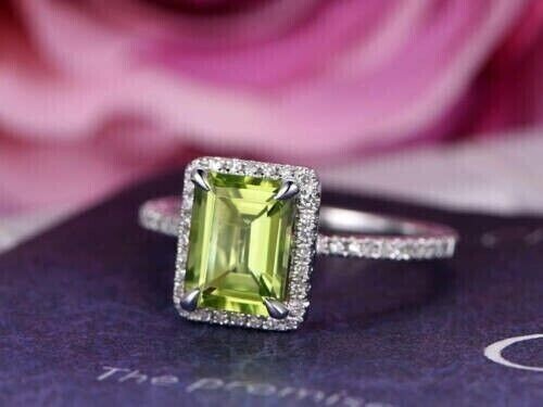 3 Ct Emerald Cut Lab-Created Green Peridot Engagement Ring 14K White Gold Plated