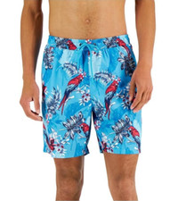 CLUB ROOM Cosmic Turquoise Blue Bird  Floral Swim Shorts Size L