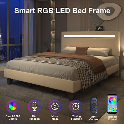 Full/Queen/King Upholstered Platform Bed Frame with Adjustable Headboard and LED