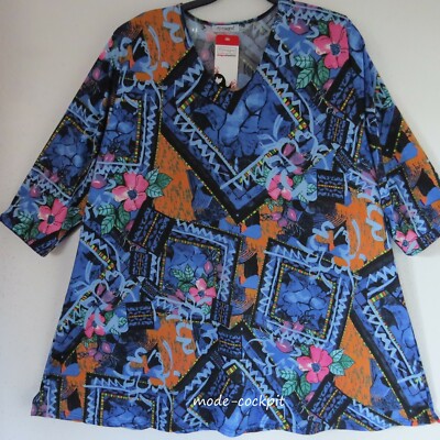 MAGNA tolle Tunika Kleid 3/4 Arm+super A-Linie Blau-multicolor 48-50-52-54
