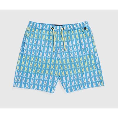 NWT PSYCHO BUNNY Kids Barker All Over Print Swim Trunk 5/6 XS Cool Blue