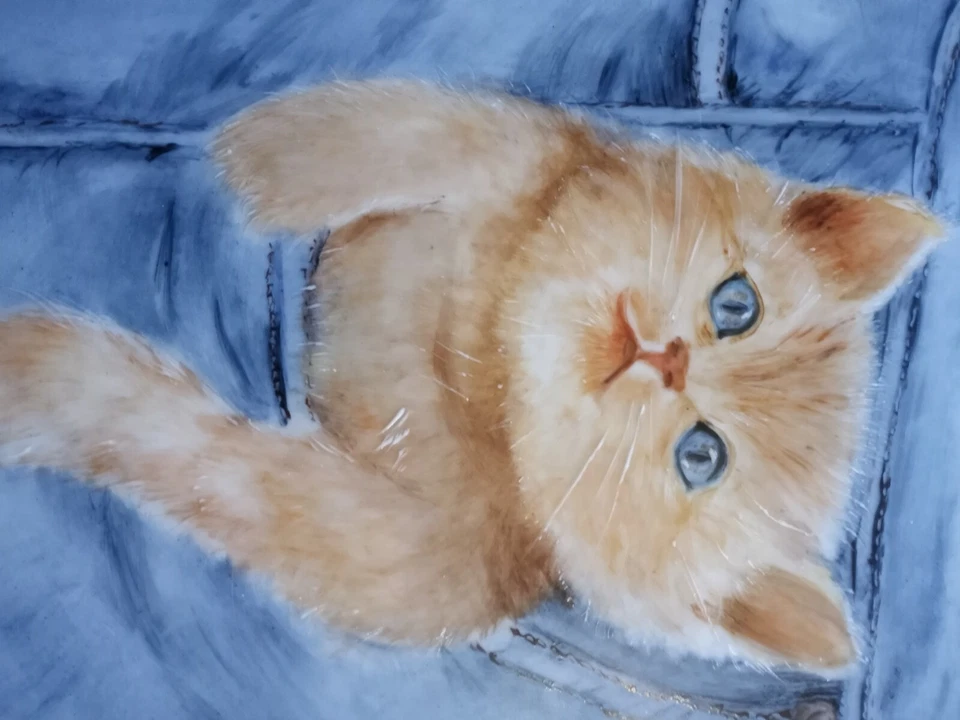 Placa de pared de azulejo pintada a mano de gato en bolsillo de jeans Foto 4 de 4