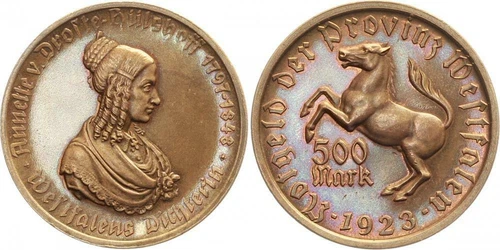 500 Mark 1923 Germany Westphalia NGC MS65 BN BRONZE Annette v. Droste-Hülshoff