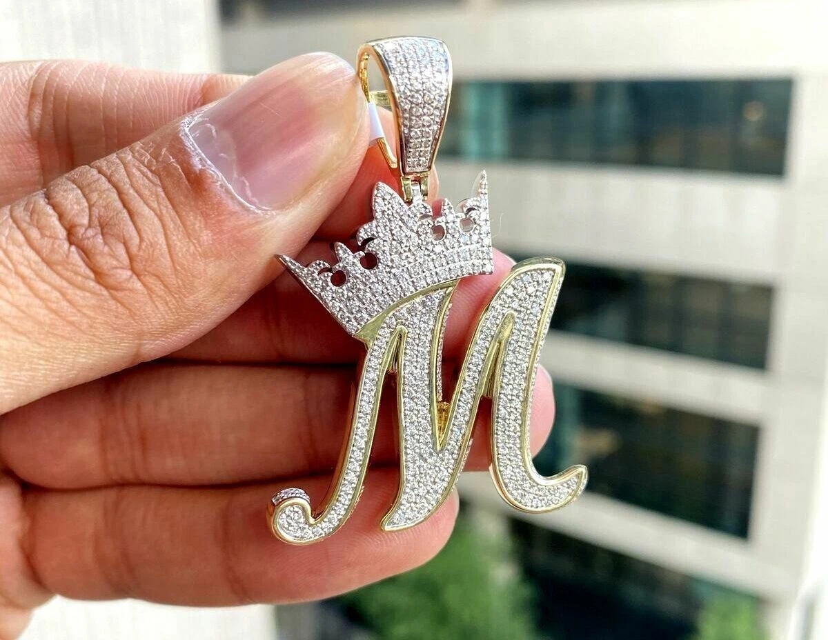 1.50Ct Round Cut Moissanite M Letter Crown Pendant 14K Yellow