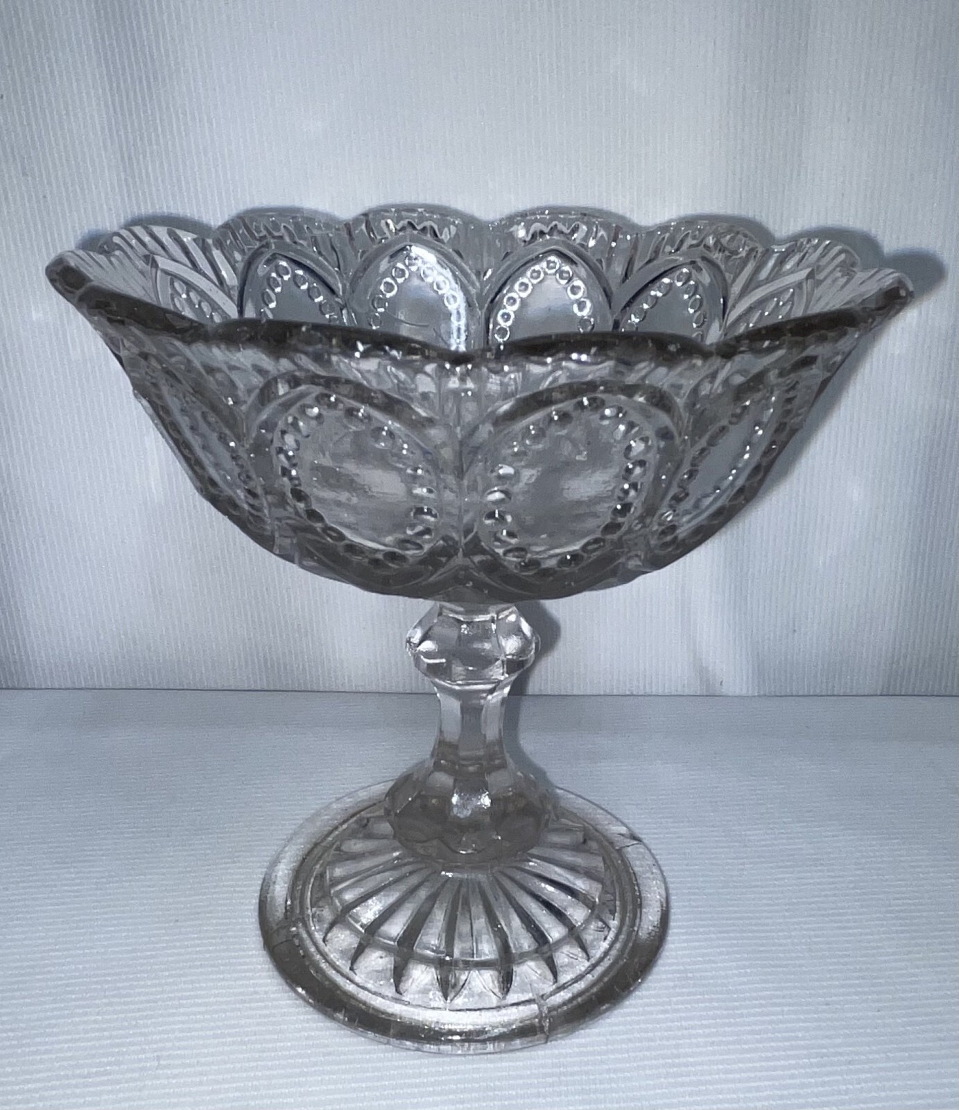 Vtg Pedestal 6 Inch Glass Candy Bowl Black Light Reactive Scalloped Edge