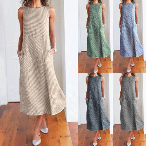 Women Boho Striped Sleeveless O-Neck 