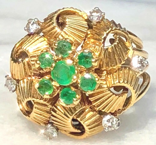Diamond Emerald Love Knot Ring Estate Fine Jewelry Retro Pre-Owned 18K Gold - Picture 6 of 20