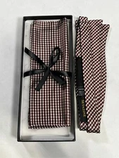 Mens Setazone Red Check Silk Bow Tie with Matching Pocket Square NEW