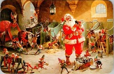 Continental Postcard Sparkling Christmas Santa Claus and Elves Workshop