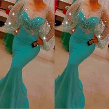 Plus Size Mermaid Sparkly Evening Dresses Sheer Neck Formal Bridesmaid Gowns